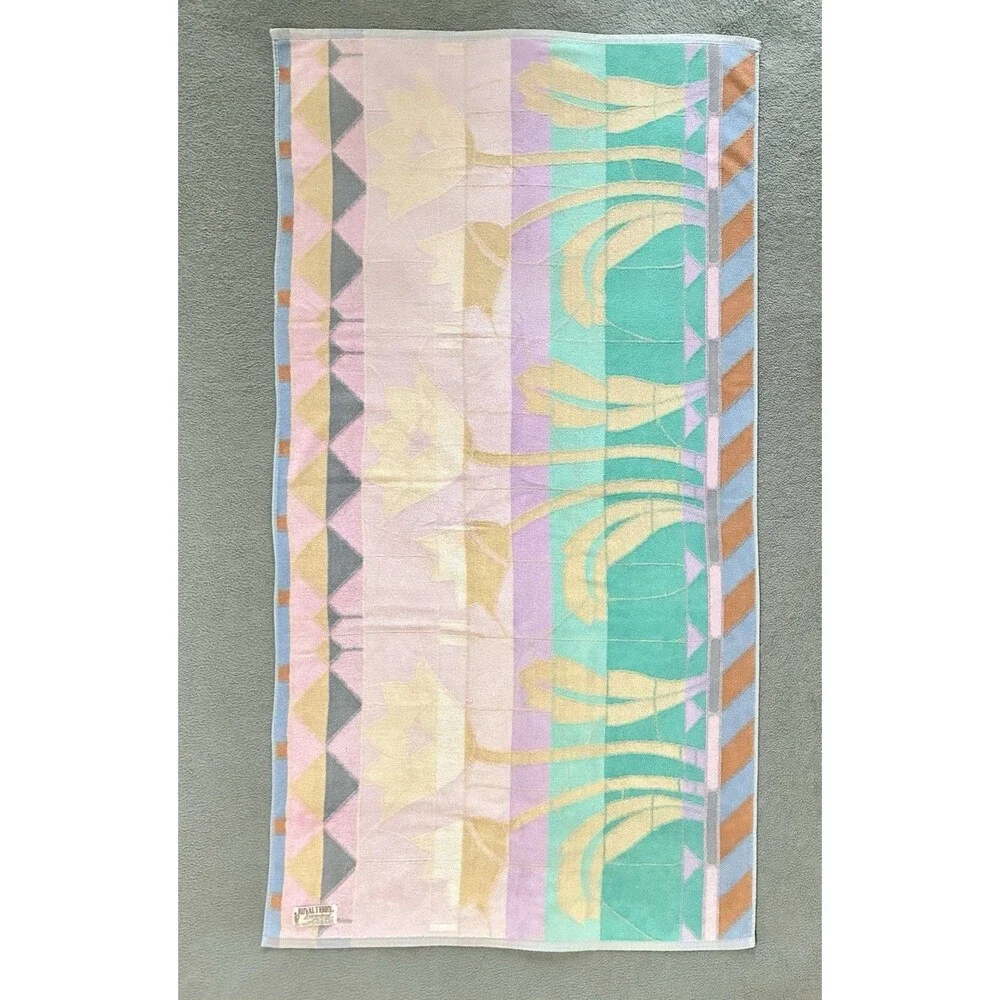 Vintage Royal Terry Beach Towel Flowers Tulips Pastel Floral Geometric Yellow